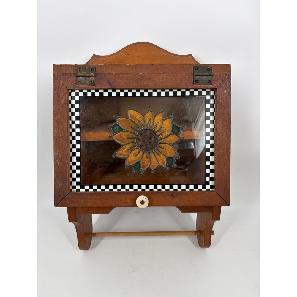Vintage Sunflower Wall Spice Cabinet Towel Holder Farmhouse Country Kitchen